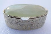 Green Alabaster  Pill Box Snuff Compact Italy Chased Silver Chrome