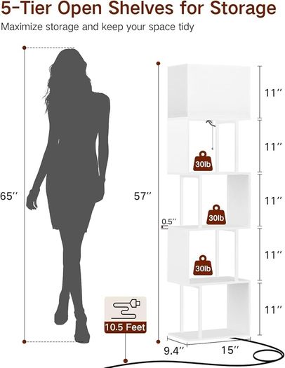 5-Tier Floor Lamp with Shelves & Remote, Dimmable S-Shaped Bookshelf with 3 Color Temperature, 1-Hour Timer, Tall Corner Standing Lamp for Living Room, Bedroom, Office White