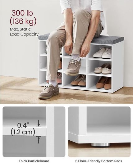 New 9 Compartment Shoe Bench With Padded Stool (White) FREE P&P