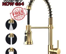 NEW SALE | Kitchen Tap, Kitchen Sink Mixer Tap with 360 Degree Swivel Pull Down Sprayer Commercial Kitchen Taps Single Handle Mixer Tap Cold and Hot 3-Modes Spray with Standard Fittings Gold