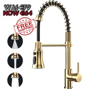 NEW SALE | Kitchen Tap, Kitchen Sink Mixer Tap with 360 Degree Swivel Pull Down Sprayer Commercial Kitchen Taps Single Handle Mixer Tap Cold and Hot 3-Modes Spray with Standard Fittings Gold