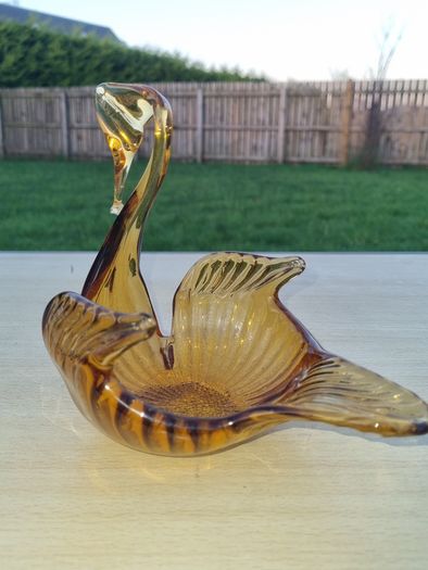 Vintage Amber Hand Blown Glass Swan Center Piece Dish