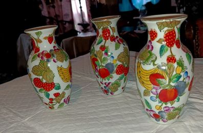 3 Hand painted vases with fruits