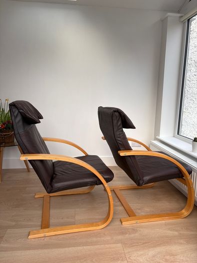 Set of 2 Brown leather and wood Bent Wood Easy Chairs and matching footstools