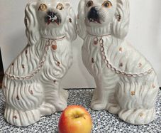Vintage pair of Staffordshire pottery mantel dogs