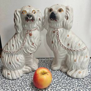 Vintage pair of Staffordshire pottery mantel dogs
