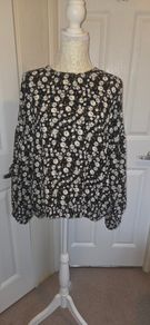 Primark Black White Floral Boho Blouse UK 14 Long Sleeve Top