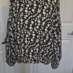 Primark Black White Floral Boho Blouse UK 14 Long Sleeve Top