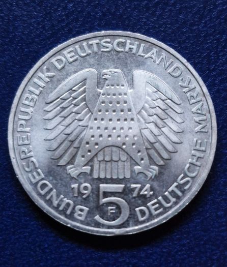 1974 F Germany 5 Mark Silver unc coin, 25th Anniversary of the federal Constitutional Law