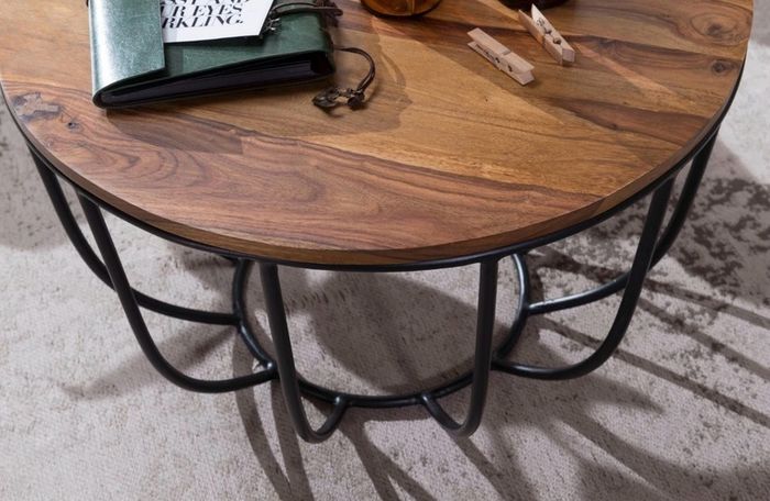 Rustic Solid Wood Coffee Table with Metal Base 60cm Round