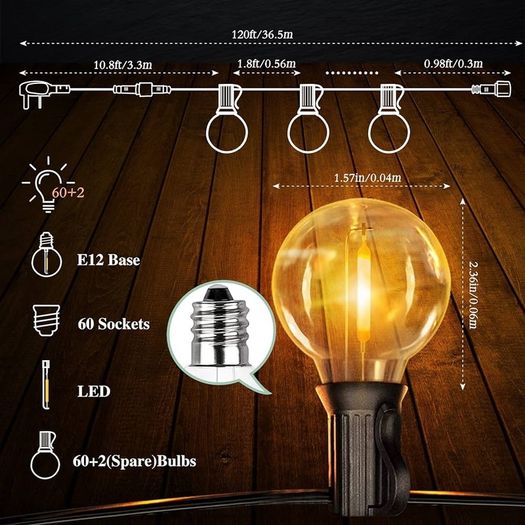 MASSIVE SALE Outdoor LED String Lights 36.5M/120FT, G40 Globe Patio Lights Energy Saving with 62 Bulbs(2 Spare), Waterproof Shatterproof Hanging Connectable Festoon Lights for Outside Garden Backyard MULTIPLE SIZES AVAILABLE