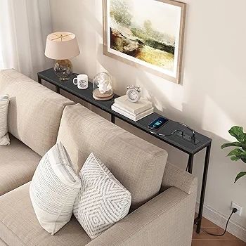 Skinny Console Table with Power Outlets, 160 cm Narrow Sofa Table, Behind Couch Table with Charging Station for Plants, Living Room, Black