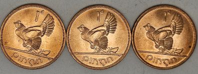 Ireland 1968 1d Penny Lot x3 Beautiful Uncirculated Red Lustrous