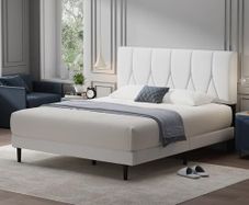 Double Bed Frame, White, Upholstered Wooden Slat Bed Frame with Headboard