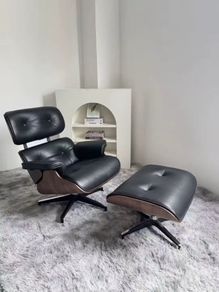Eames Style Lounge Chair Ottoman Black Leather Walnut