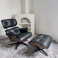 Eames Style Lounge Chair Ottoman Black Leather Walnut