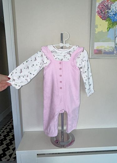 Baby Girls Pink & White Long-Sleeved Top & Dungarees , Age 9-12 months / EU 74cm.