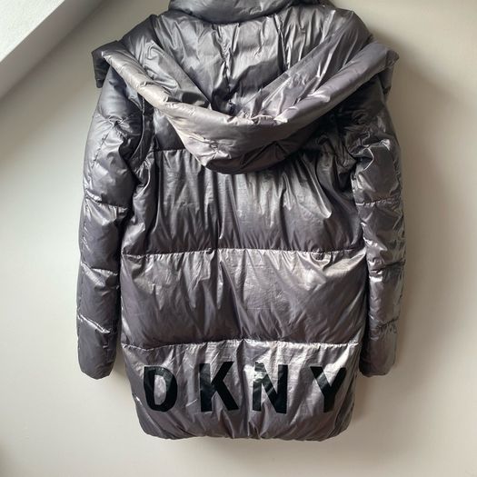 DKNY Sport Metallic Silver Longline Down Puffer Jacket Coat