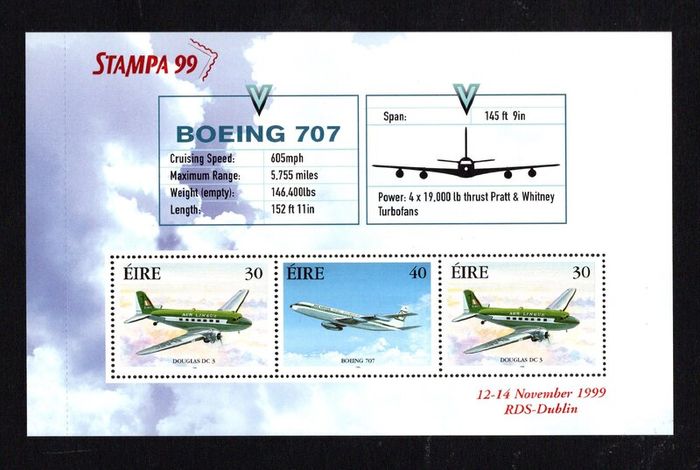 1999 Ireland Stampa Member Souvenir on Boeing 707 Aviation Commemorative Stamps Booklet Pane Overprinted for Stampa Mint Never Hinged (MNH)