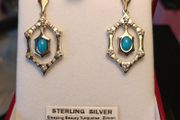 Sterling Silver Art Deco style Turquoise and Zircon Drop Earrings. (Bargain)
