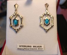 Sterling Silver Art Deco style Turquoise and Zircon Drop Earrings. (Bargain)