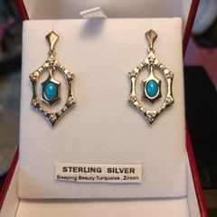 Sterling Silver Art Deco style Turquoise and Zircon Drop Earrings. (Bargain)