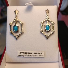 Sterling Silver Art Deco style Turquoise and Zircon Drop Earrings. (Bargain)
