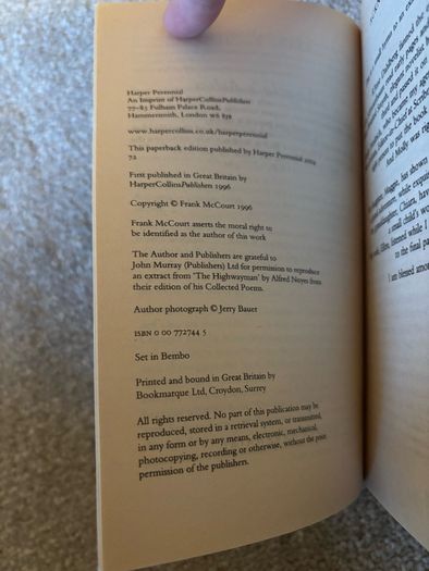 Vintage copy of the memoir Angela's Ashes by Frank McCourt