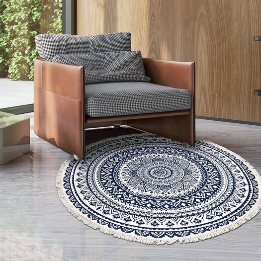 Round Rugs 120cm Cotton Area Rug Machine Washable Hand Woven Tassels Carpet Chic Bohemian Pattern Floor Mats for Bedroom Living Room Sofa Coffee Table Swing Chair Bed Side, Navy Blue