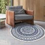 Round Rugs 120cm Cotton Area Rug Machine Washable Hand Woven Tassels Carpet Chic Bohemian Pattern Floor Mats for Bedroom Living Room Sofa Coffee Table Swing Chair Bed Side, Navy Blue Image 2