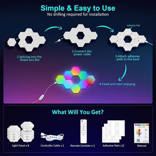 Hexagon Lights Gaming with Remote & App Control, 12 Pack RGB Led Hex Light Panels, Geometry Night Lamp DIY Hexagon Smart Wall Lights Sync to Music for Room Bar Decor Gaming Setup