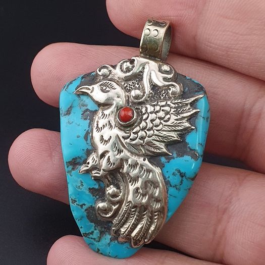 Vintage Silver Bird & Flower Desgin Turqouise Pendant