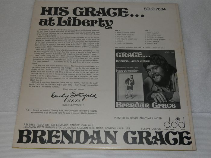 Brendan Grace His Grace At Liberty 1974 Irish Pressing Lp
