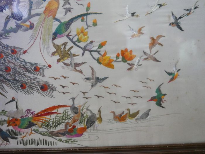 Antique Early 20c Chinese Silk Embroidery Birds Panel Framed - 23"x14"