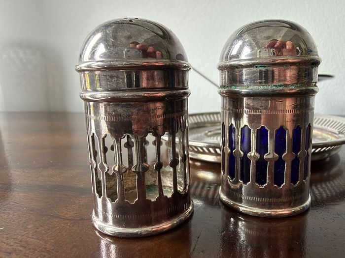 Vintage EPNS Cruet Set with Cobalt Blue Glass