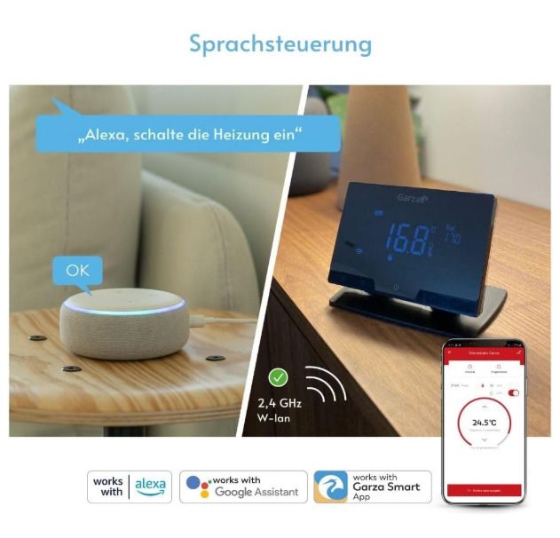 Garza - Wireless Wifi Smart Thermostat for Boiler and Heater, Programmable, Touchscreen, WiFi 2.4GHz, Remote Control via App and Alexa/Google Voice, Colour Black