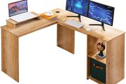 Shaped 51.2" Computer Corner Desk, FREE Monitor Stand, Home Gaming Desk, Office Writing Workstation with 2 Storage/Book Shelves, for Small Spaces, Beech Grain (FREE POSTAGE)