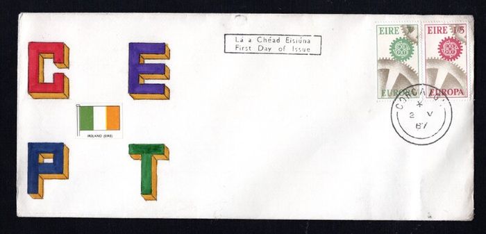 1967 Ireland Europa (CEPT) Commemorative Stamps Plain envelope First Day Cover (FDC) with Corcaigh (Cork) cancel