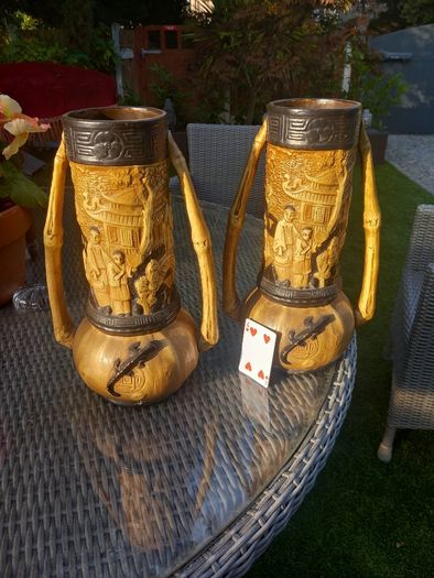 Pair of antique Bretby vases, repair to one arm, D18