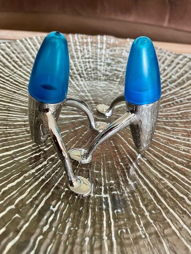 Vintage EZ ECH Centaur Salt Pepper Shakers Polished Stainless Steel Blue Space Age Design 1990s