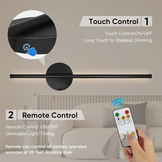Black Rechargeable Wall Lights with Remote Control - 60CM Modern Battery Operated Wall Lights Indoor for Living Room Bedroom - 3 Color Temperatures Wireless Wall Sconces 2 PackBlack Rechargeable Wall Lights with Remote Control - 60CM Modern Battery Operat