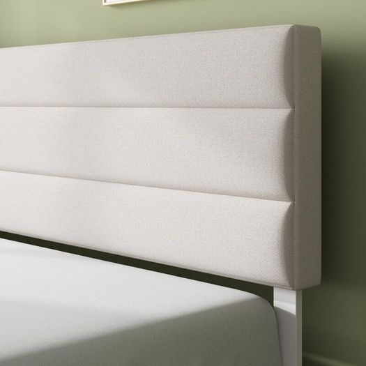 Double Bed Frame with Headboard - 4ft6 (135 x 190 cm) - 11.8'' Height - Upholstered Bed Base - Wooden Slat Support - Easy Assembly - Off White