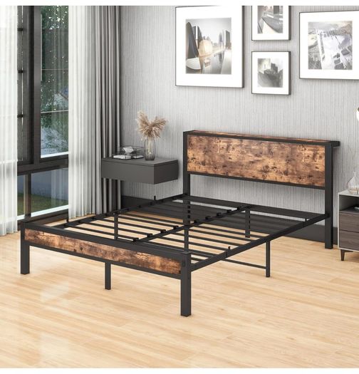 King Size Bed Frame with Storage Wooden Headboard, Metal Bed Frame