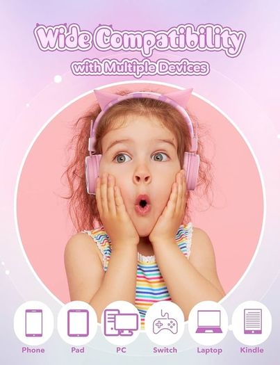 NEW SALE | Cat Ear Kids Headphones with Microphone for School, Volume Limiter 85/94dB, Wired Girls Headphones with Foldable Design
