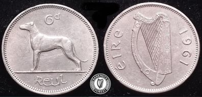 [#48] - Ireland 1961 | 6 Pence | Wolfhound | KM.13a