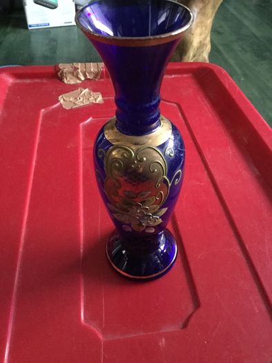 Blue glass vase with gold gilt