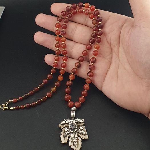Antique Carnelian Red Agate With Sterling 925 Silver Leaf Pendant Necklace