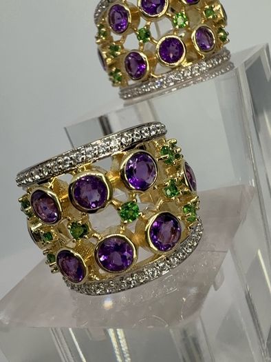 Silver earrings Harry Ivens Amethyst & Chrome Diopside Hoop Earrings