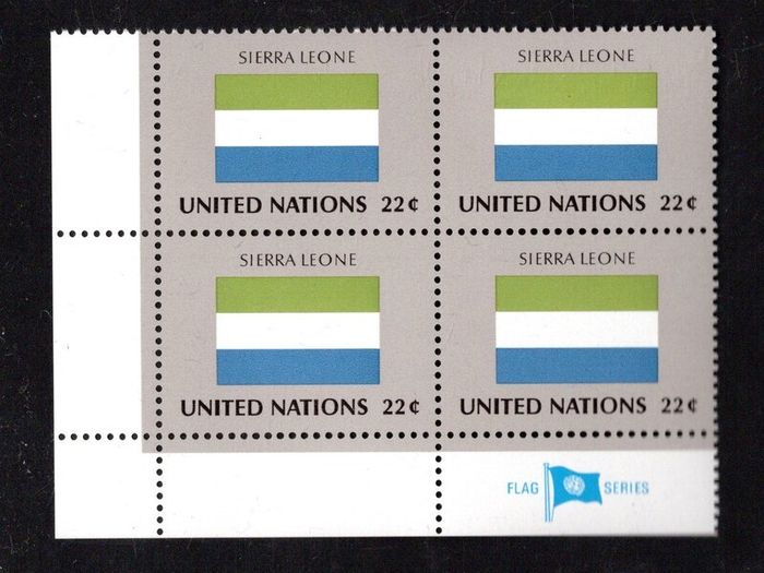 1985 United Nations New York Sierra Leone National Flag (part of flag series) Block of 4 Mint Never Hinged (MNH)