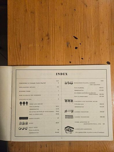 Dartington Hall Ltd Gardens Catalogue from 1935, featuring black-and-white botanical and landscape illustrations on the cover. In good condition. See photos for same.